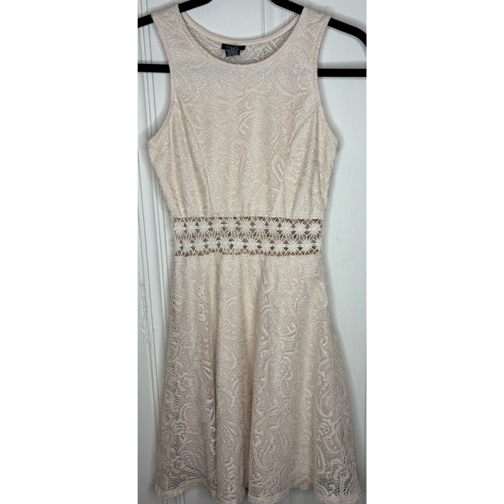 Ivory lace‎ overlay skater dress Sz XS floral crochet cut-out waist boho hippie
